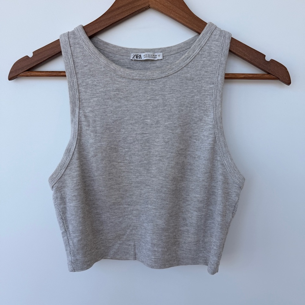 ZARA Ribbed Crewneck Crop Tank in Heather Gray